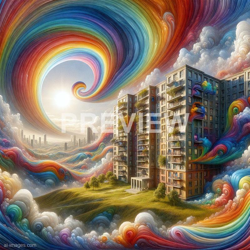 The image depicts a surreal scene of a modern multi-story apartment building set on a lush, green grassy hill. Surrounding the building, colorful swirling clouds and ribbons of vibrant hues extend into the sky, creating a fantastical atmosphere. In the background, a distant city skyline with tall skyscrapers is visible beneath a partly cloudy sky, illuminated by a bright sun, adding a touch of realism to this dreamlike composition.